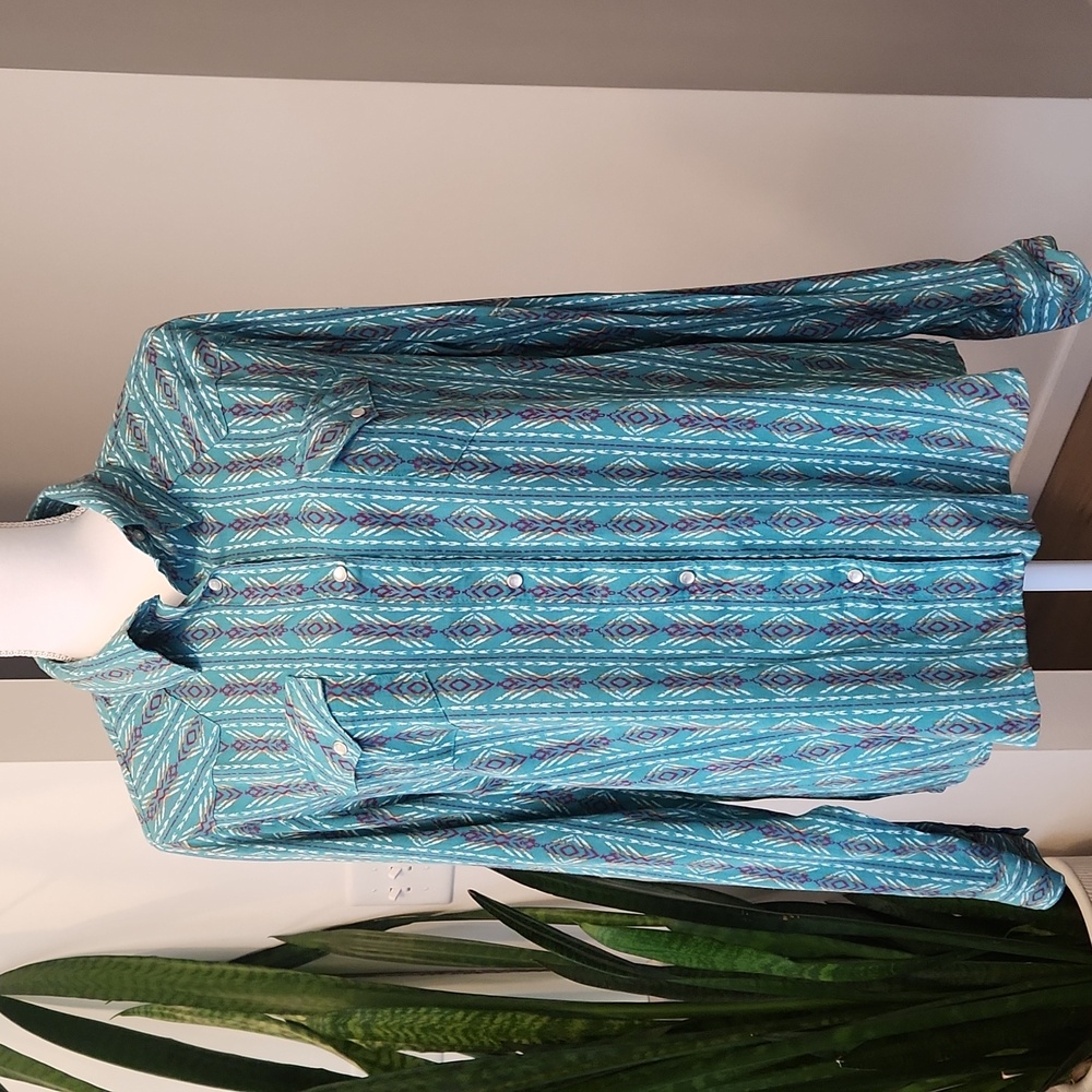 Wrangler Women's Checotah Shirt XXL Teal Aztec Western Pearl Snap Rodeo Retro